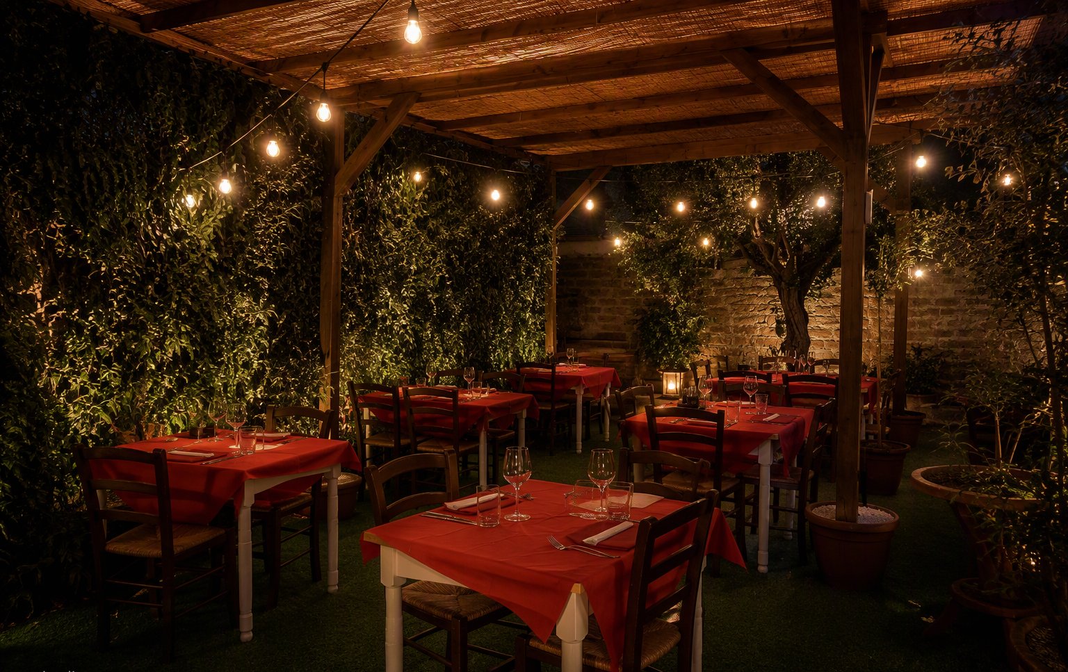 La terrazza estiva con le lucine e i tavoli rossi