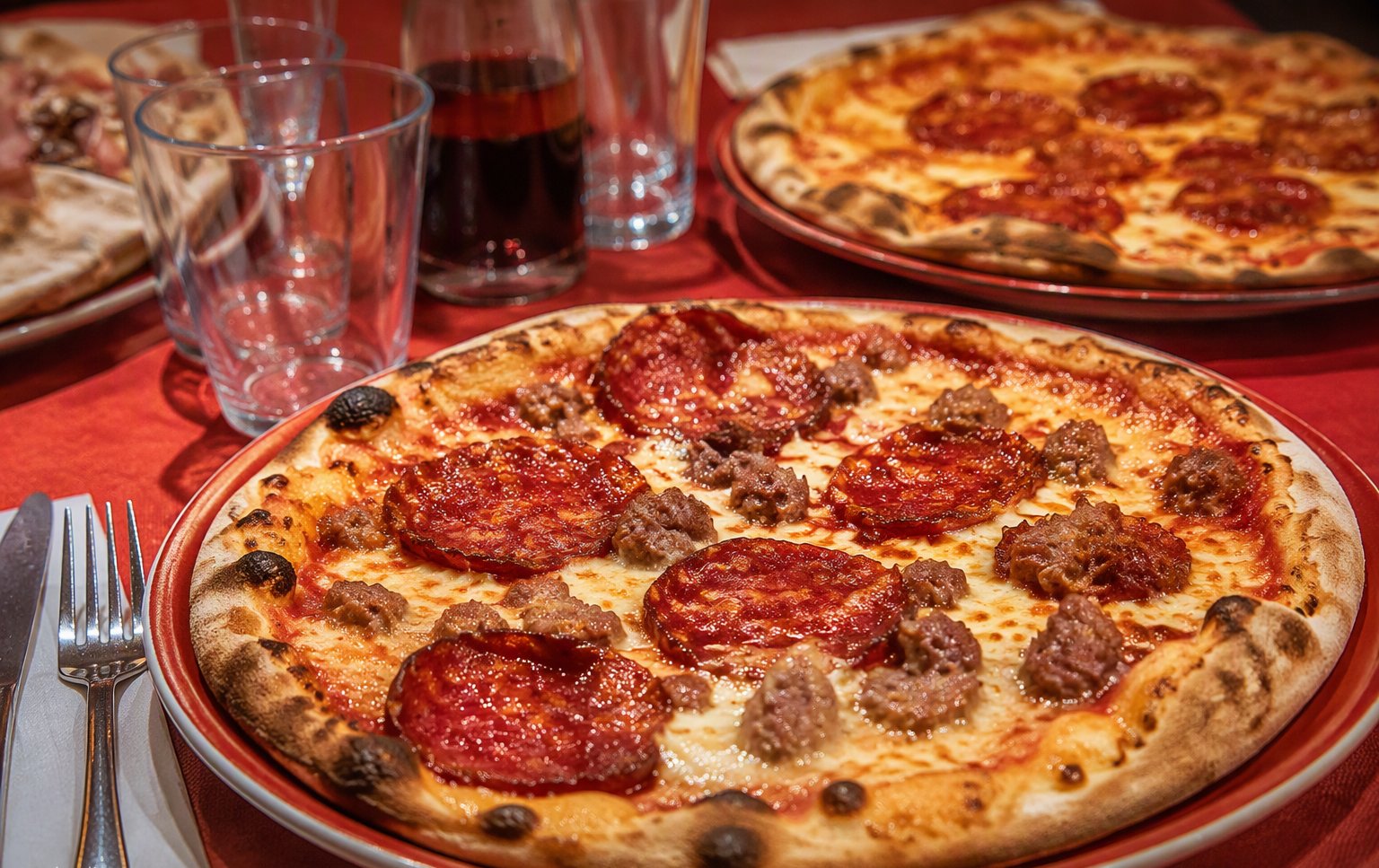 La pizza Ghiottona con salame e salumi nel piatto bordato di rosso