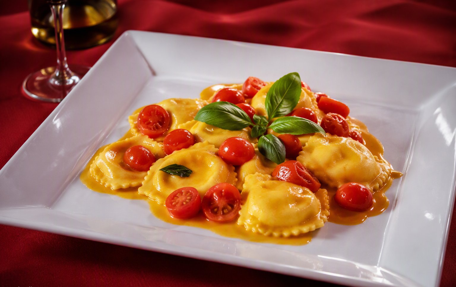 I ravioli alla bufala con pomodorini e basilico nel piatto bianco